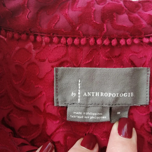 By Anthropologie Susanna Burnout Velvet Button Up Blouse 3/4 Sleeves Medium - Picture 15 of 17